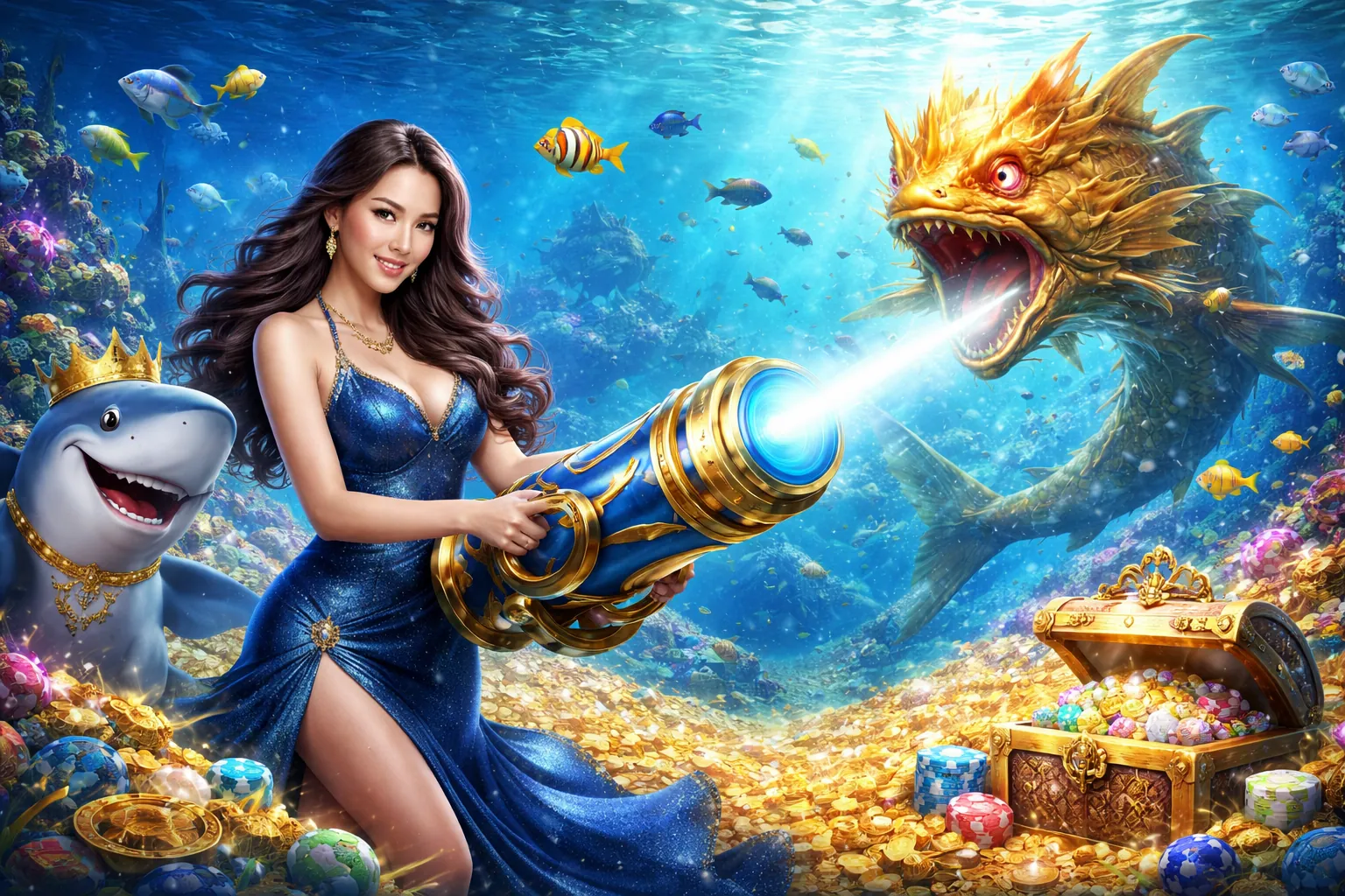 Hình ảnh game bắn cá với nhiều loài cá và phần thưởng
